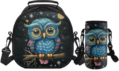 NETILGEN Mini lonchera cruzada con asa y correa para el hombro para niños y niñas de 4 a 6 años, lonchera portátil y bolsa para botella de agua, búho de dibujos animados
