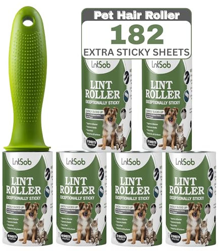 LntSob Pack of 6 Lint Rollers-182 Sheets Sticky Lint Roller for Clothes with Replacement Head, Lint Remover Ideal for All Fabrics, 27cm x 11.3cm x 4.9cm, Effective on Dust, Dirt, Fluff, Hair, Debris