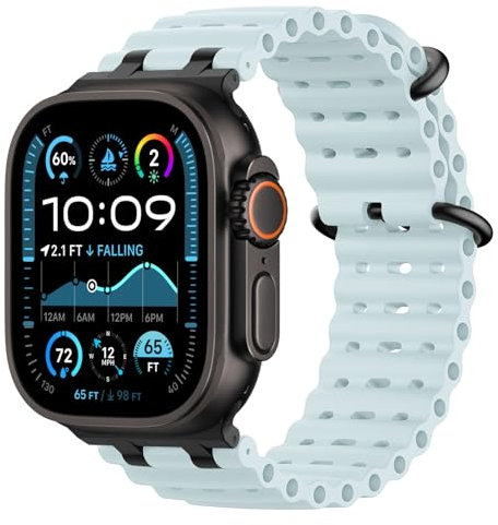 Astorgos Correas Ocean Compatible con Apple Watch Ultra2/Ultra 49mm,S10 46mm,9/8/7 45mm,SE2/SE/6/5/4 44mm,3/2/1 42mm,Correa de Reloj Deportiva con Conector Metálico para Hombre Mujer, Negro/Azul Hielo