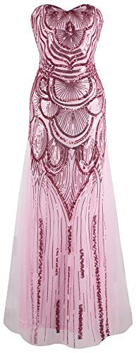 Angel-fashions Robe de banquet à lacets en maille sans bretelles à paillettes pour femme, rose, 38