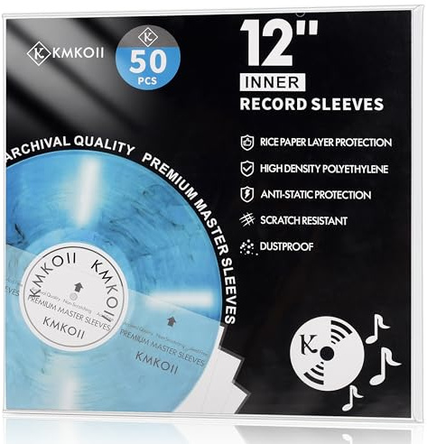 KMKOII 50 x 12 Inch Premium Antistatic Record Inner Sleeves Lined | Made of 3-Layer HDPE + Rice Paper | Audiophile Record Sleeves Inner Rice Paper for LP Vinyl Inner Sleeves Protective Cover