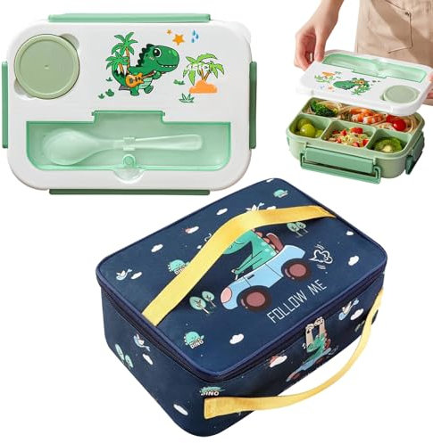 Matreeglam Fiambrera para niños, fiambrera de dibujos animados con varios compartimentos, tenedor, diseño de dinosaurios de dibujos animados para niños, niñas, escuela, guardería