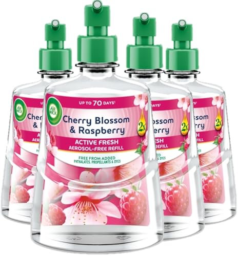 Air Wick Cherry Blossom & Raspberry Aerosol-Free Automatic Spray Refill 228ml, Pack of 4, Lasts up to 70 Days, Air Freshener