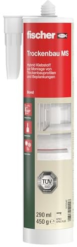 fischer Adhesivo híbrido para paneles de yeso, MS, adhesivo elástico para montaje sin tornillos, adecuado para placas de yeso, hormigón, madera, pavimento y más, sin olor y sin disolventes, cartucho