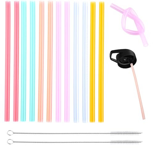12 Paille Silicone Reutilisable Enfant, Paille en Plastique Qualité Alimentaire Sans BPA, Pailles Découpables Longues Pliables, Pailles en Silicone Réutilisables Transparente avec Brosse de Nettoyage