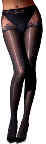 KANYULOVE Damen Strumpfhosen Glänzend ölig Stützend Strumpfhosen Sexy Spitzen-Schritt Hohe Taille Feinstrumpfhose
