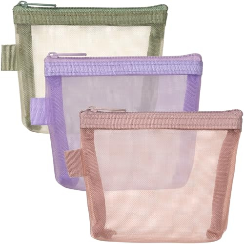 BEIQIYA 3pcs Mini Mesh Makeup Bags, Small Zipper Mesh Makeup Bags, Portable Cosmetic Pouch for Woman Purse Lipstick Keys Essentials Items Earphone Bank Cards- Pink & Purple & Green