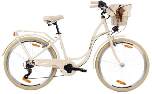 Goetze Mood Alu Damenrad 26 Zoll, 6-Gang mit Korb | Aluminiumrahmen, Tiefeinstieg, Shimano-Antrieb, V-Brakes, LED-Beleuchtung, Reflektoren, Gepäckträger, Korb