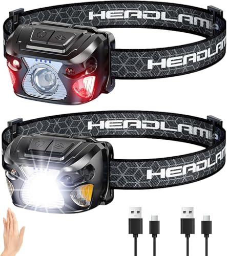 Stirnlampe LED Wiederaufladbar, Kopflampe Stirnlampe Aufladbar mit Rotlicht | 6 Modi mit Sensor,2000 Lumen,IPX5 Wasserdicht Stirnleuchte Stirnlampe Led für Camping,Angeln,Joggen,Wander 2 Stück