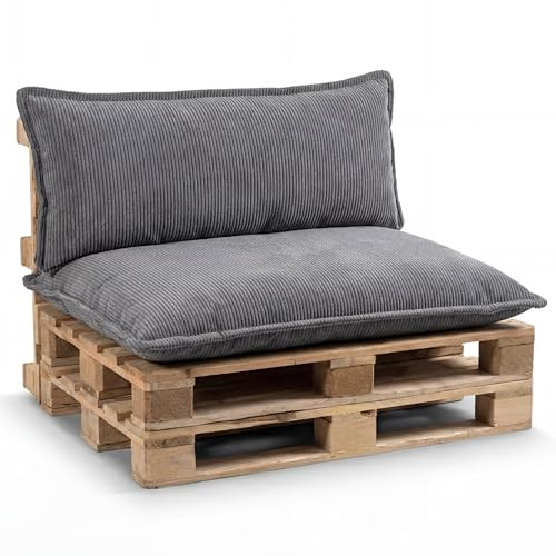 Gutekissen® Palettenkissen Set – Sitzkissen für Europaletten – Palettenpolster, Gefüllt mit Granuliertem Poulirette-Schaum PLL (Dunkelgrau, Set (Sitzkissen 120x80 +Rückenlehne 120x40))