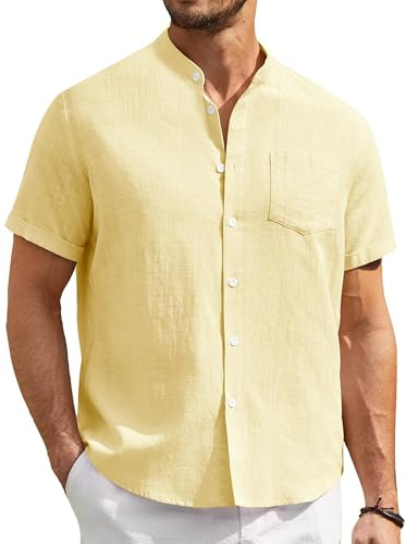 Enlision Mens Linen Shirts Short Sleeve Grandad Collar Collarless Shirts for Men Casual Summer Beach Henley Shirt Button Down S-4XL
