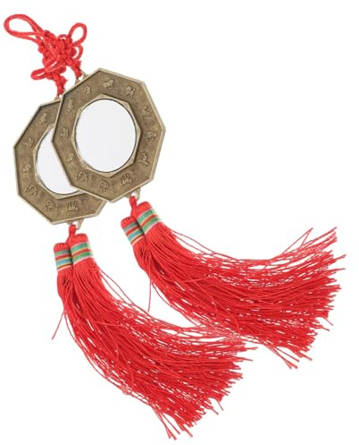 BESTOMZ 2Stück Bagua Spiegel Feng Shui Deko Wandbehang Schutz Glücksbringer | Traditioneller Chinesischer Trigramm Spiegel aus Zinklegierung für Wohnzimmer Wanddekoration mit Roter Quaste Deko