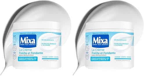 MIXA - Crème Hydratante Multi-Usages - Hydratation 48H & Effet Frais -2° - Acide Hyaluronique, Karité & Amande Douce - Peaux Sèches et Sensibles - Pot 400ml (Lot de 2)