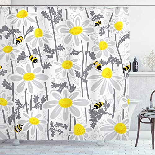 ABAKUHAUS Blumen Duschvorhang, Daisy Blatt Spring Time, Stoffliches Gewebe Badezimmerdekorationsset mit Haken, 175 x 180 cm, Gelb Weiss
