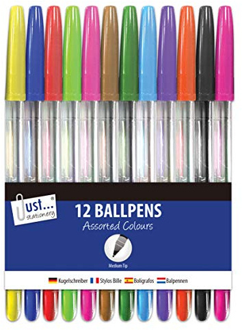 Just stationery 12 Multicoloured Ballpoint Pens, Assorted Colours, Count (Pack of 1)