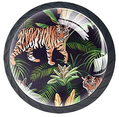 Tiger Jungle Animal and Tropical Leaves Cabinet Door Knobs Handles Pulls Cupboard Handles Drawer Wardrobe 4pcs