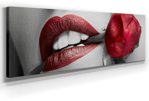 Panorama Leinwand Rote Lippen - als 150x50cm großes XXL Leinwandbild. Wandbild als Hintergrund und Deko für Wohnzimmer & Schlafzimmer. Aufgespannt auf Holzrahmen
