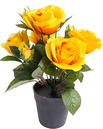 Nova-Nature künstlicher Rosenbusch mit 5 Rosen und 4 Knospen im schwarzen Kunststofftopf (gelb)