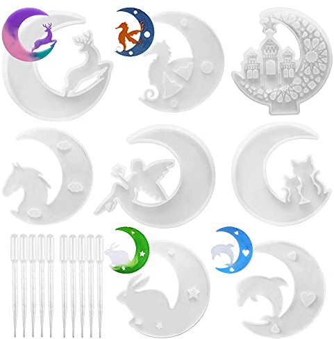 Woohome 18 Stück Gießform Silikonform Resin Silikonform 8 Stück Mond Silikonform Silikonformen Epoxidharz Formen Kit für DIY Halskette Anhänger Schlüsselbund Schmuck Handwerk Dekoration Machen