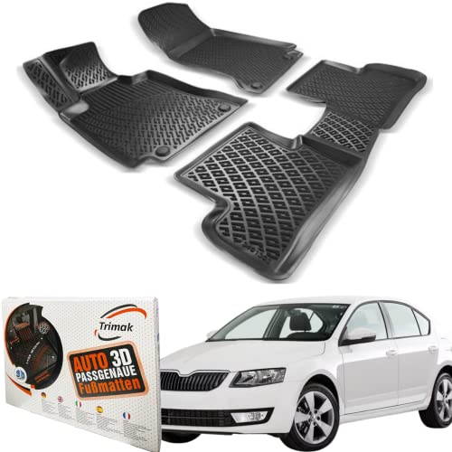 Trimak Passgenau 3D Fussmatten Auto Kompatibel mit Skoda Octavia 2 Gen 2004-2013 Auto Zubehör 1. Und 2. Reihe Gummimatten Autos TPE Allwetter Geruchlos rutschfest Vorne und Hinten Schwarz