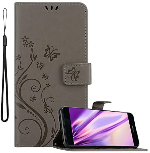 Cadorabo Hülle kompatibel mit Huawei P9 Blumen Design aus Premium Kunst Leder Flip Klappbare Stoßfeste Magnetische [Standfunktion] [Kartenfächern] Cover Hülle für Huawei P9 Tasche in Grau