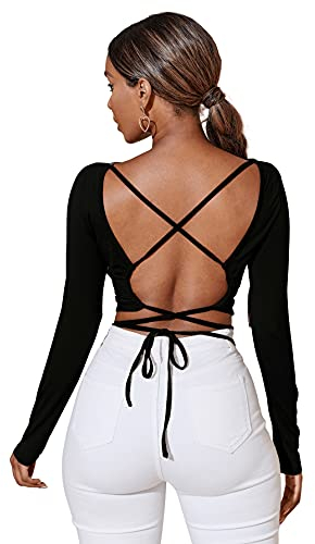 DIDK Damen Rückenfrei Bauchfrei T-Shirts Crop Oberteil Criss-Cross Langarmshirts Rundhals Pullover Schwarz M