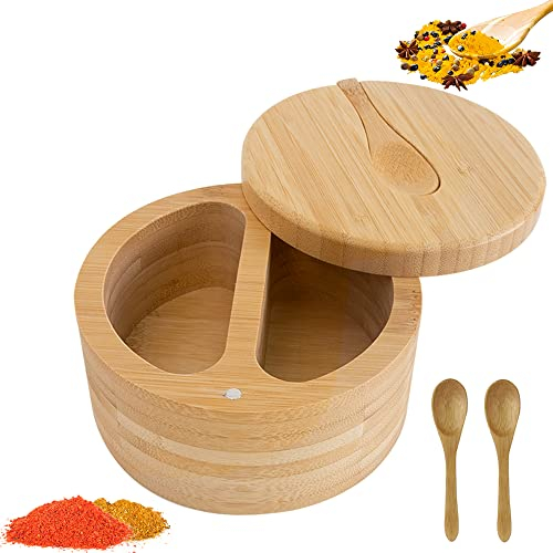 Salero, recipiente giratorio de 2 compartimentos con tapa giratoria magnética y 3 cucharas pequeñas de madera, caja de almacenamiento para especias de cocina, especias, hierbas, pimienta o objetos