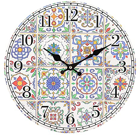 AUTOECHO Boho Wanduhren, Batteriebetriebene Blumen Wanduhr, Dekorative Mandala Uhr Für Wände, 14 Zoll Kunstuhren Für Schlafzimmer Wohnzimmer Dekoration, Bunte Retro Wanduhr