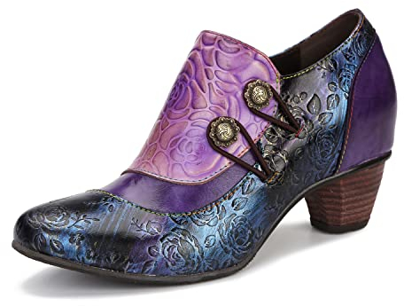 CrazycatZ Damen Leder Schuhe mit Absatz Vintage Bunte Schuhe Pumps aus Leder Buttoned Pumps (Purple, Numeric_38)