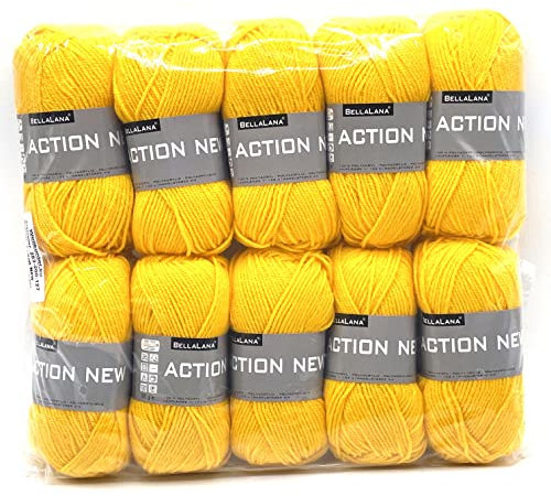 Wollkontor, BellaLana ACTION NEW, 100% Polyacryl, 10x50 g, Längsknäuel, Lauflänge: 50 g ca. 133 m, Nadelstärke: 3,0-4,0mm (gelb)