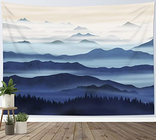 LB Wandteppich Abstrakter Berg Wandtuch Wald und Nebel Wandbehang Blau Schwarz Boho Geometrisch Tapisserie für Wohnzimmer Schlafzimmer Wohnheim Wanddeko,200x150cm