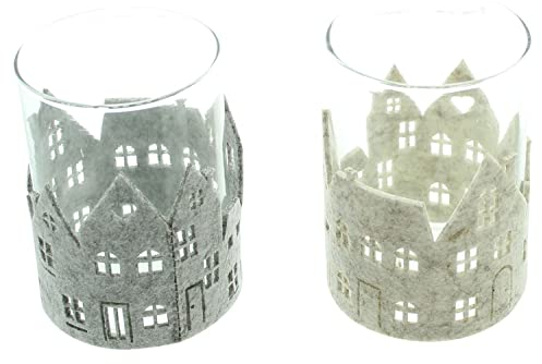 FRANK FLECHTWAREN Windlicht City Lights, 2er Set, Glas, Filz, Maße: Ø 9 x 13 cm