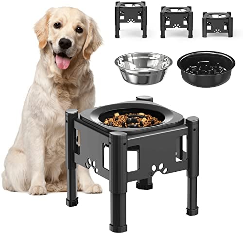 Lewondr Erhöht Hundenapf, 1000ml Edelstahl Hund Futternapf & 1100ml Langsam Futternapf, 3 Höhenverstellbar rutschfest Napfständer, Abnehmbar Futterschale Wasserschale für Groß Mittelgroß Klein Hunde
