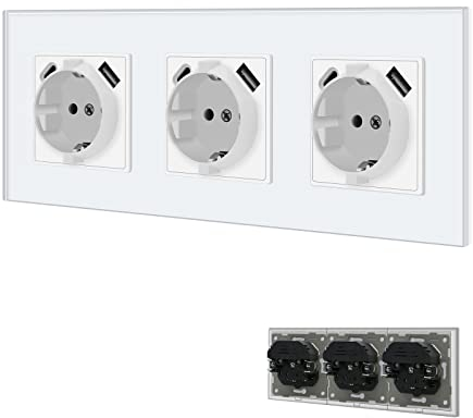 BSEED Schuko Steckdose mit USB/Typ C 16Amp Steckdose mit Steckklemme Unterputz Steckdose mit 3.1A Doppel USB/Typ C 228mm Wandsteckdose Einbausteckdose USB Steckdose Weiß