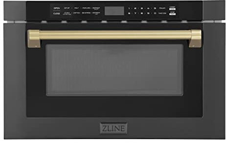 ZLINE Autograph Edition 24 1.2 cu. ft. Built-in Microwave Drawer in Black Stainless Steel and Champagne Bronze Accents