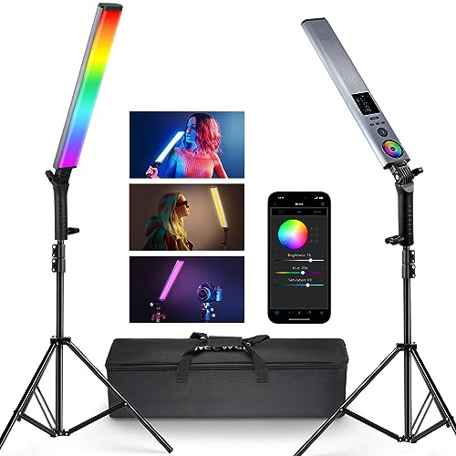 NEEWER Upgraded Interactive RGB Light Stick with Stand Kit, 2 Pack BH-30S Photography Light Wand with Touchable RGBWW Tone Mixer/2.4G APP Control/2500K-10000K/CRI&TLCI97+/18 Effects/7.4V/31Wh Battery