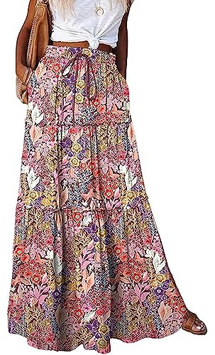 Byoauo Rock Damen Lang Boho Blumen Hohe Elastische Taille mit Taschen und Gürtel Maxi Skirt Faltenrock Strandrock Freizeitrock