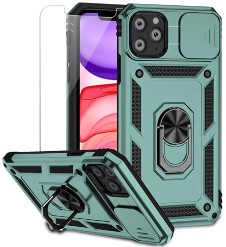 for iPhone 11 Pro Max Case with Camera Lens Cover HD Screen Protector, Military Grade Drop Protection Magnetic Ring Holder Kickstand Protective Phone Case for iPhone 11 Pro Max 6.5 inch (Dark Green)