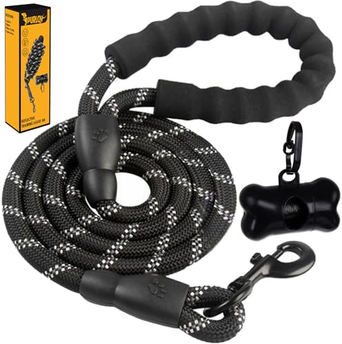 Purlov Hundeleine für große Hunde Reflektierend Kotbeutel Beutelspender Gepolsterter Griff 3 m/ 5 m Schwarz 21654, Größe:3 m