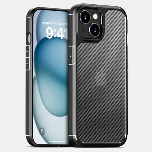 doupi Ultra Hybrid Carbon Fiber Look Hülle kompatibel mit iPhone 15 (6,1 Zoll), Kabelloses Laden Unterstützend, Kohlefaser Optik Case Handyhülle, Protective Cover, schwarz