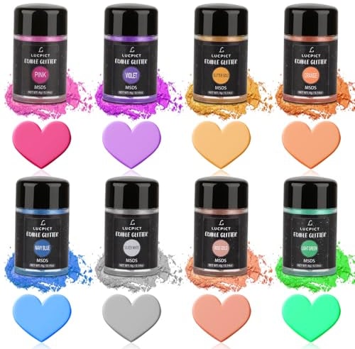 LUCPICT Essbarer Glitzer Set, 8 Farben Lebensmittel Glitzer, Glitzerpulver für Getränke, Cocktails, Wein, Bier, Backen, Erdbeeren, Cupcakes, Kekse, Süßigkeiten, Fondant, Kuchendekoration - 4g