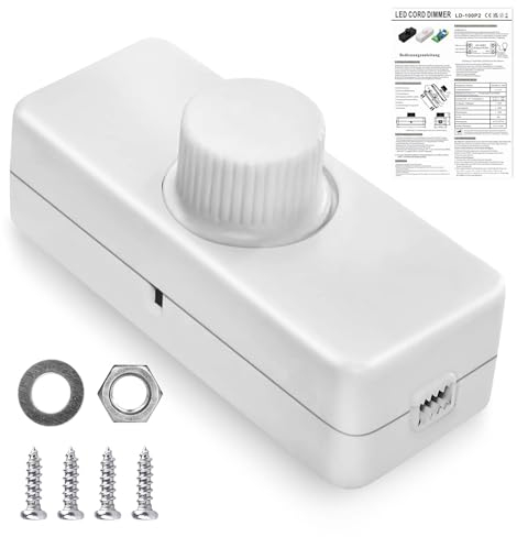 Interruttore dimmer per lampade a LED, 220 – 240 VAC/50 HZ, interruttore dimmer a LED, girevole, 3 – 100 Watt, dimmer a cavo, dimmer a LED, dimmer per lampada dimmerabile a LED e alogena (bianco)