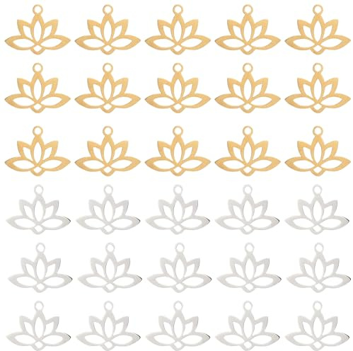 COGCHARGER 30 Stück Edelstahl-Lotus-Charm-Anhänger, Yoga-Lotusblume, hohle Charms, Metall-Charms für die Schmuckherstellung
