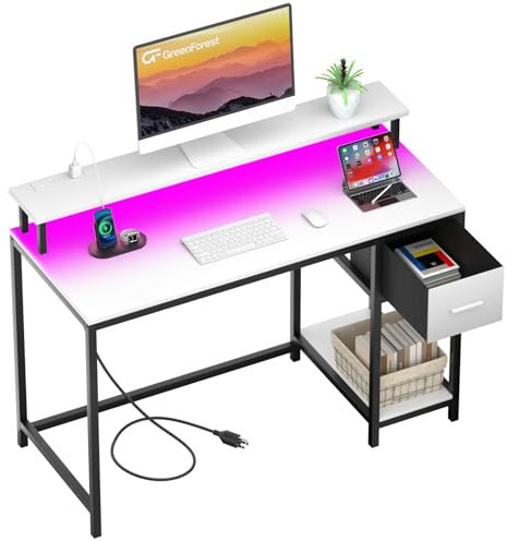GreenForest White Computer Desk 39 Inch with LED Lights and Monitor Stand, Office Desk with Drawer for Small Spaces, Gaming Desk with Power Outlets and Shelf