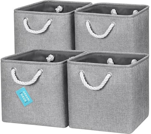 OrganiHaus 28x28 Cube Storage Bins Set of 4, Fabric Cube Baskets for Storage Shelves, Foldable Storage Cubes for Kallax Organizer Cube Bins w Rope Handles, Cubby Bins for Nursery Decor, Grey