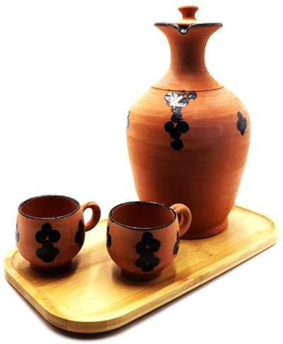 Zayti Jarre en Terre Cuite, pour Purifier Son Eau NATURELLEMENT - avec Deux Tasse ET Un Plateau en Bois - contenance 2l, 30cm