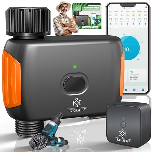 KESSER® Bewässerungssteuerung mit WLAN WiFi | Bewässerungscomputer für Garten & Balkon | Bewässerungssystem mit Zeitschaltuhr | Automatische Bewässerung App & Sprachsteuerung + Y- Verteiler | Orange
