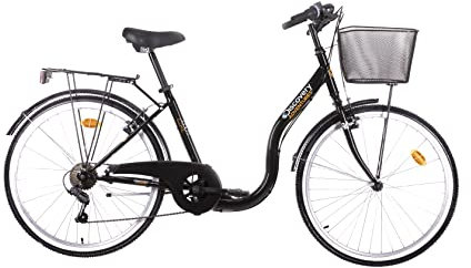 Discovery Vélo Rétro 26'' Cadre Acier 6 Vitesses par poignée tournante + équipement City Capucine pour Femmes, Black, M