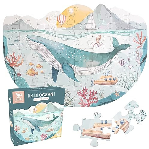 Hoppla - Kinderpuzzle XL - Wal Hello Ocean - Riesenpuzzle, 60x43 cm - 54 Teile - Ab 4 Jahren - Walpuzzle, Meerestiere, Boot - Geschenk für Kinder
