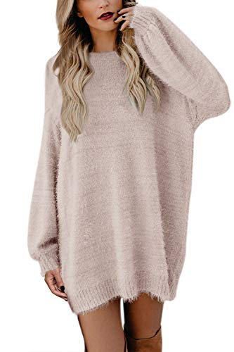 Viottiset Damen Mini Pulloverkleid Rundhals Lange Pullover Übergroßer Langarm Nachahmung Nerz Pelziger Winter Aprikose S